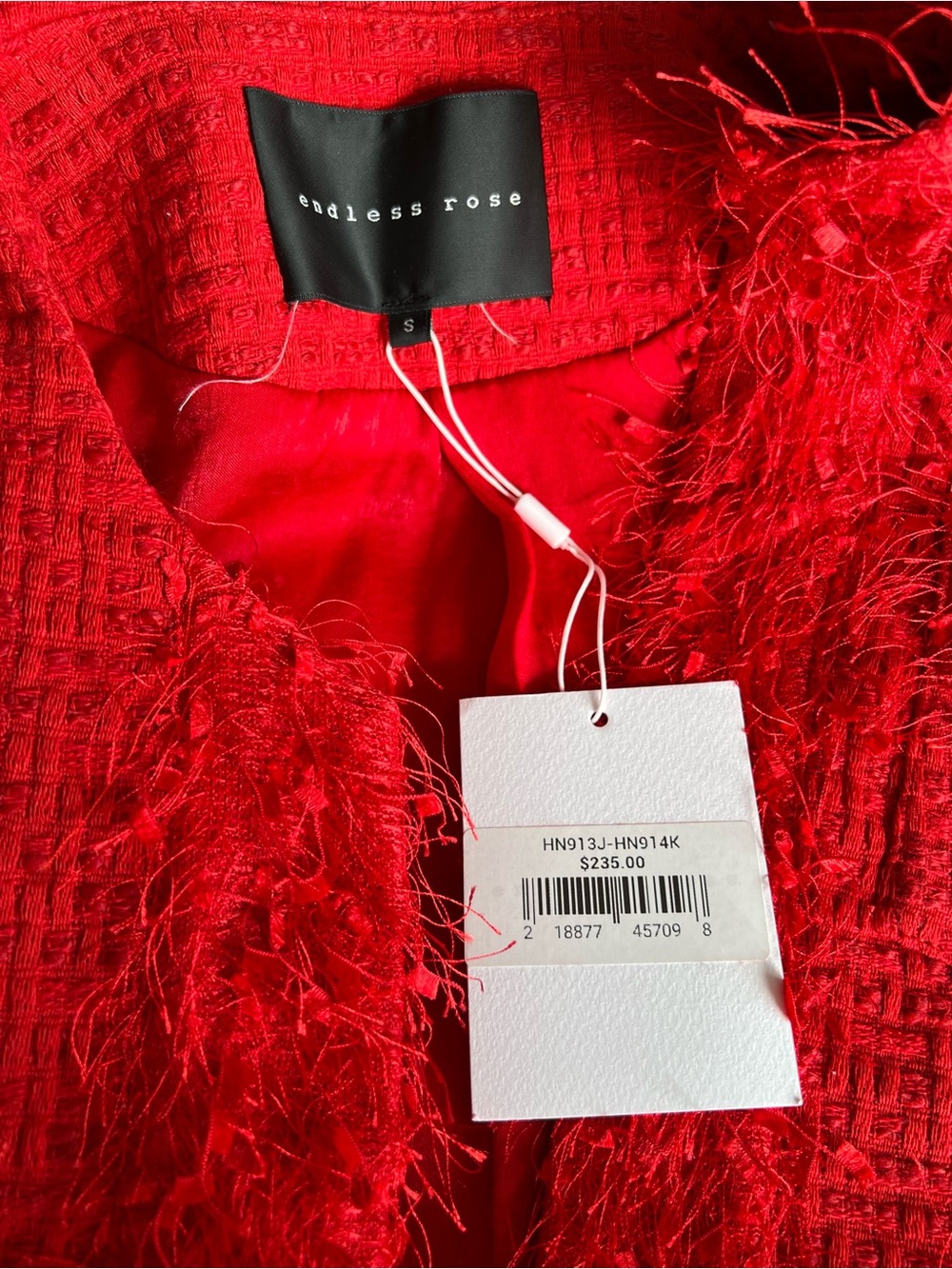 Endless Rose Red Feather Trim Tweed Crop Blazer & Mini Skirt Set Size Small $235 - Picture 11 of 16